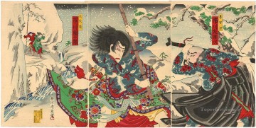  Chikanobu Pintura al %c3%b3leo - Una pelea entre Rochishin y Kyumonryo en una obra de teatro en el escenario kabuki Toyohara Chikanobu japonés